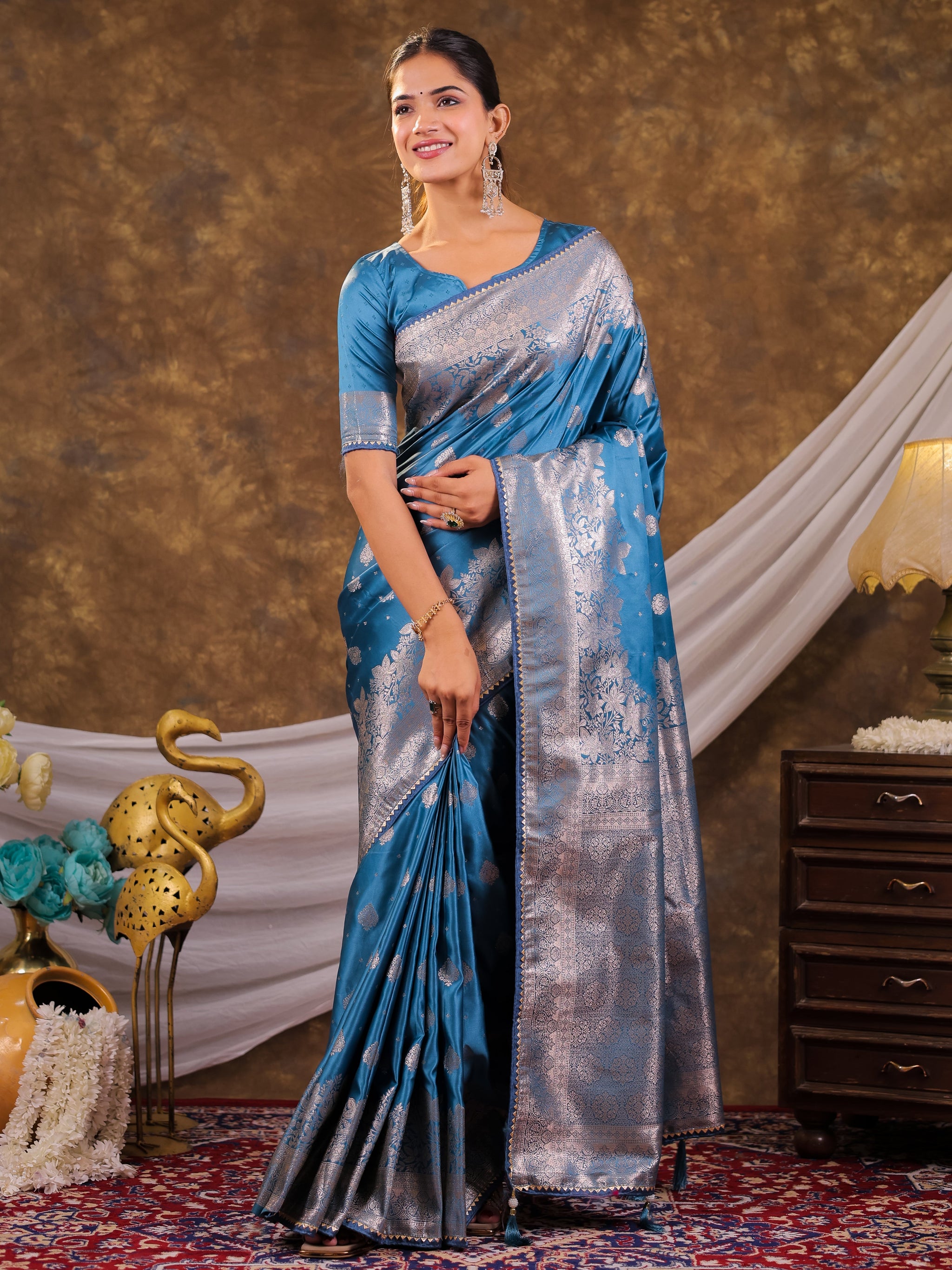Sky Blue Kanjivaram Banarasi Satin Silk Saree with Silver Zari Weaving, Floral Woven Border, Rich Designer Pallu & Tassels