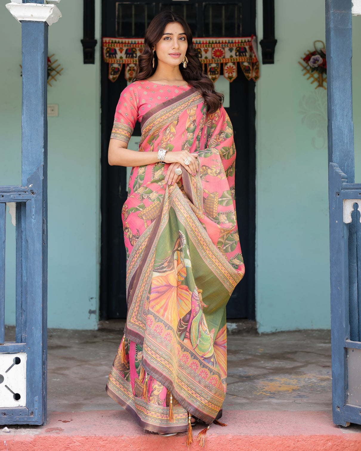 Coral pink handloom cotton saree with traditional folk procession print classical dance pallu