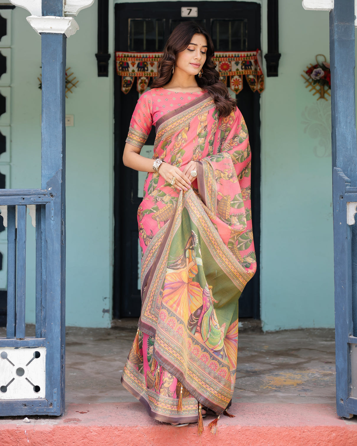 Coral pink handloom cotton saree with traditional folk procession print classical dance pallu