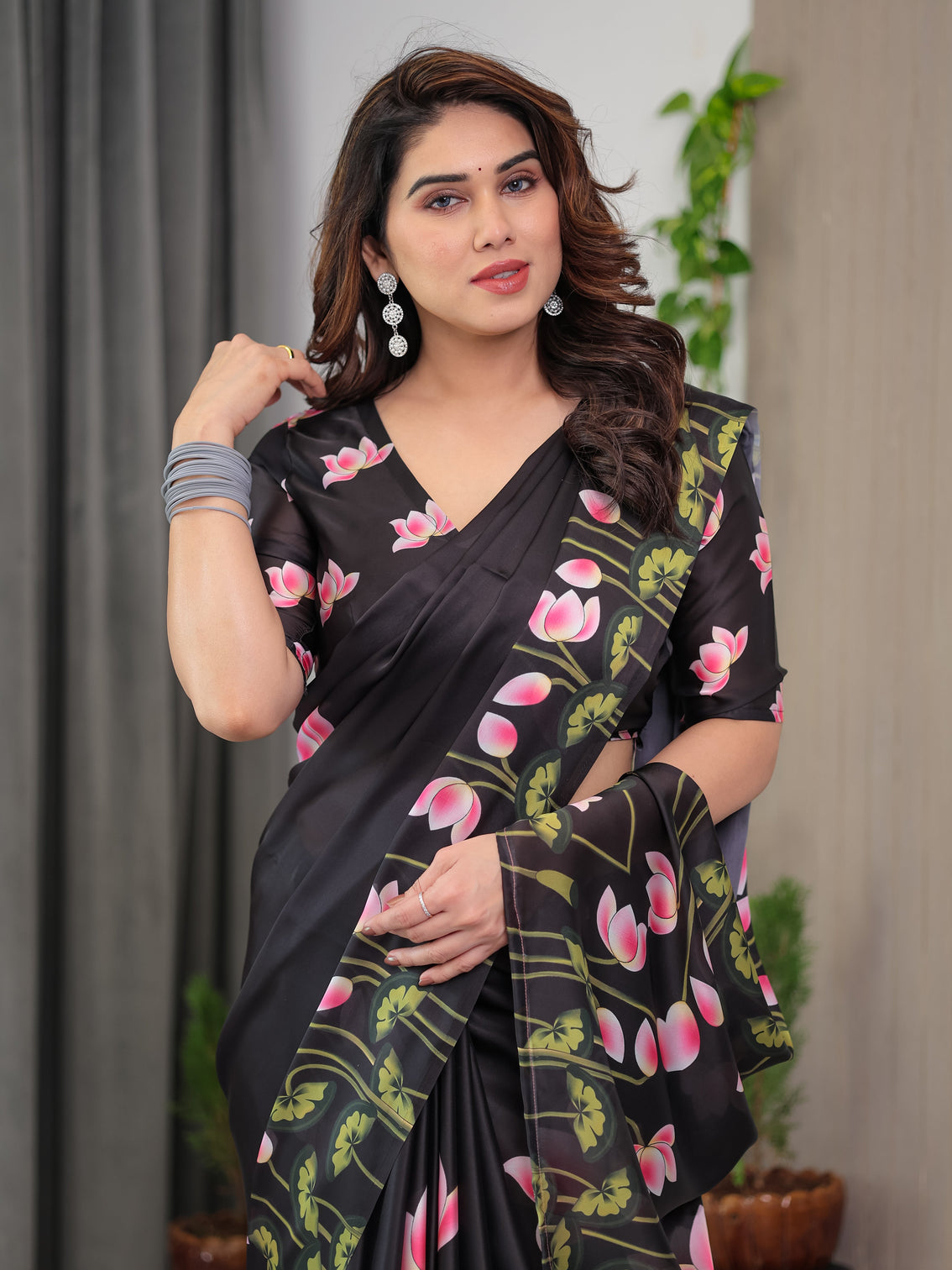 Black satin georgette lotus floral printed saree with attached blouse elegant designer saree for festive evening wear