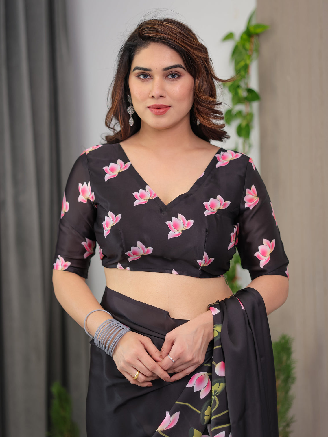 Black satin georgette lotus floral printed saree with attached blouse elegant designer saree for festive evening wear