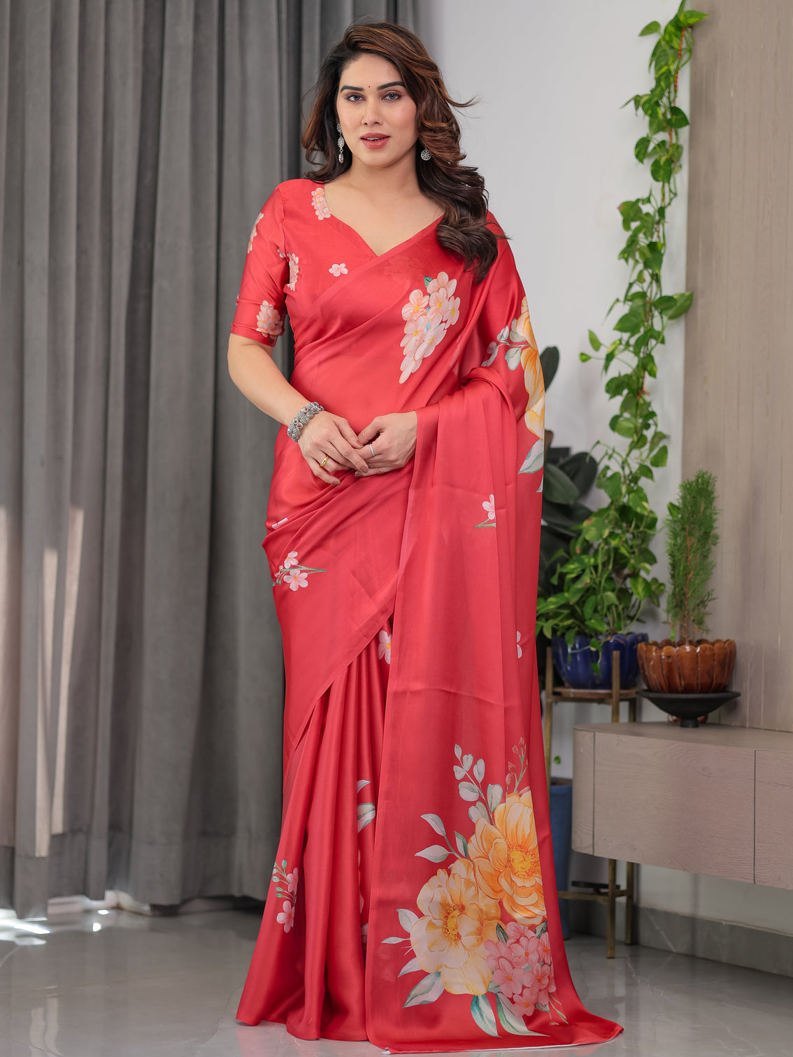 Coral red satin georgette floral printed saree with attached blouse elegant designer saree for festive party wear mameraa