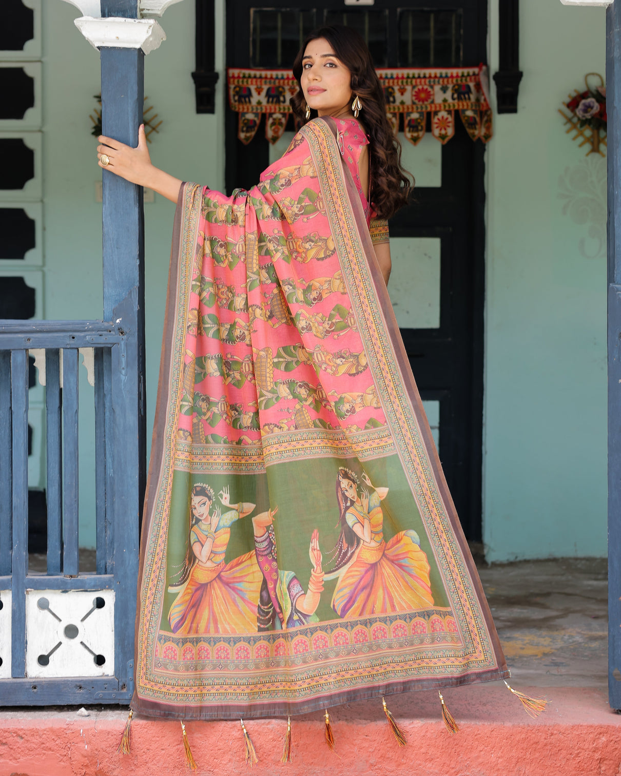 Coral pink handloom cotton saree with traditional folk procession print classical dance pallu