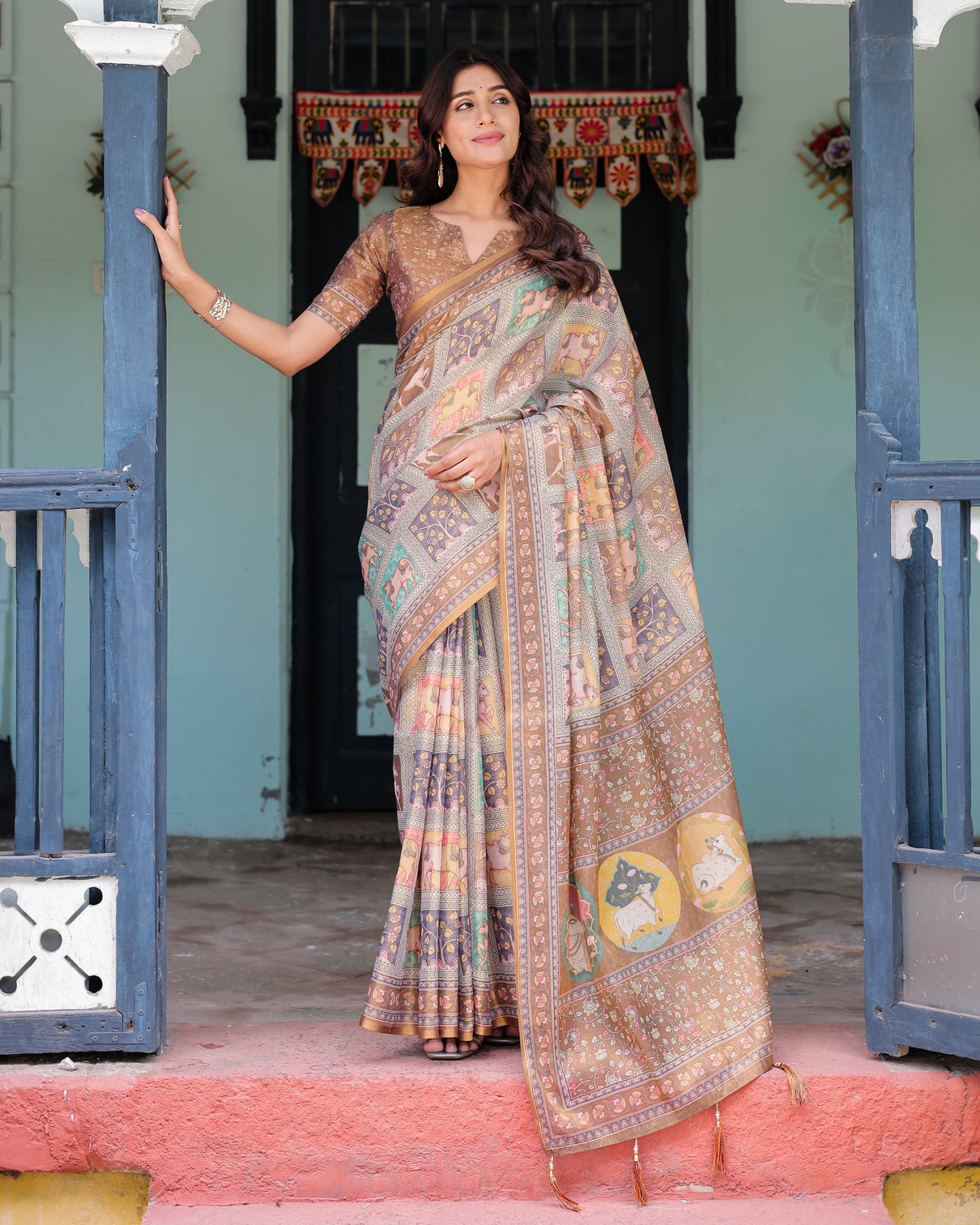 Coffee brown handloom cotton saree with classical art sacred cow pallu mameraa