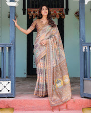 Coffee brown handloom cotton saree with classical art sacred cow pallu mameraa