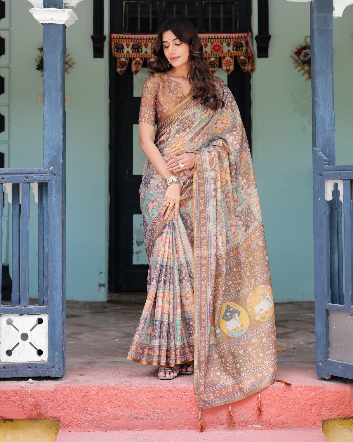 Coffee brown handloom cotton saree with classical art sacred cow pallu