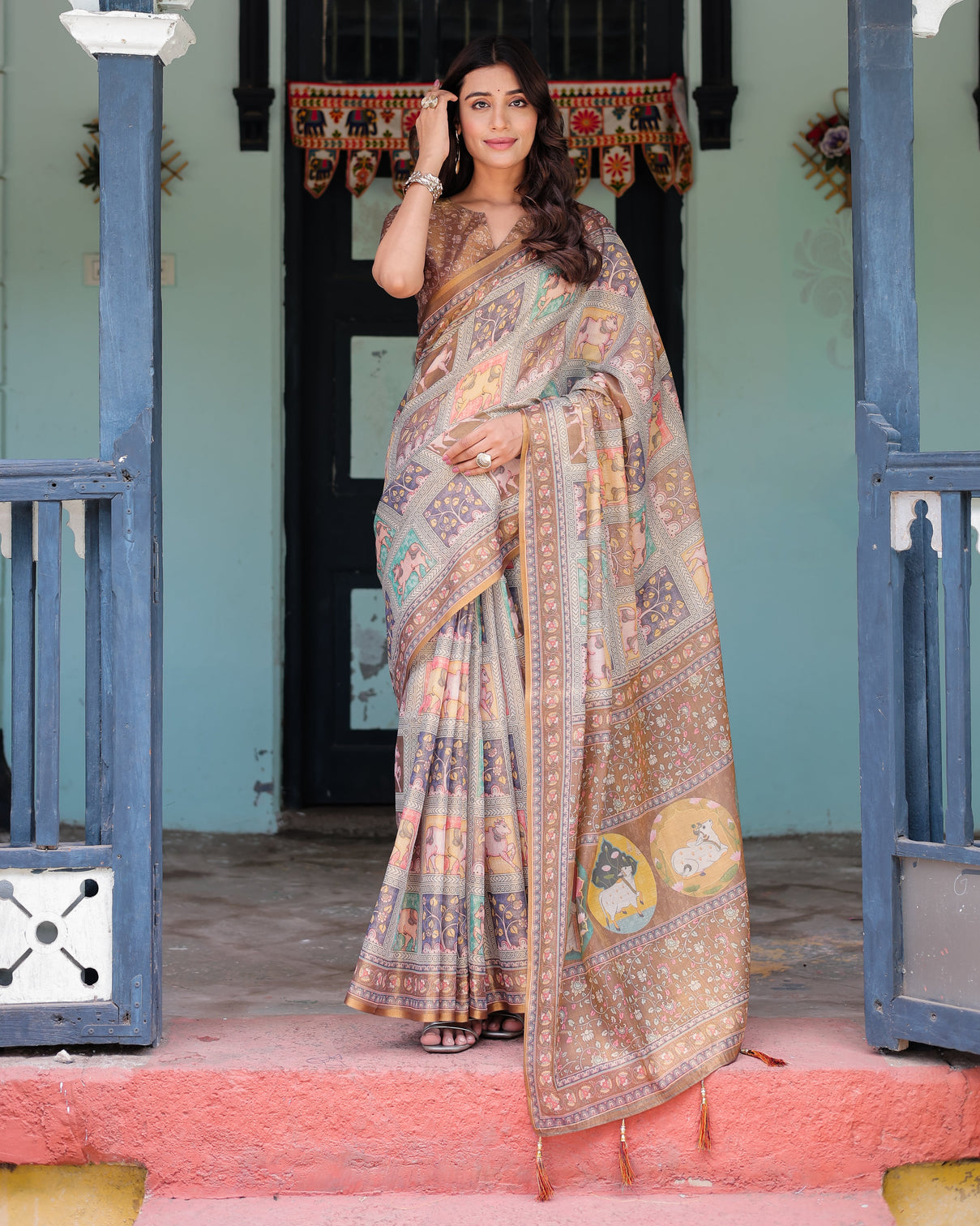 Coffee brown handloom cotton saree with classical art sacred cow pallu