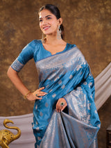 Sky Blue Kanjivaram Banarasi Satin Silk Saree with Silver Zari Weaving, Floral Woven Border, Rich Designer Pallu & Tassels