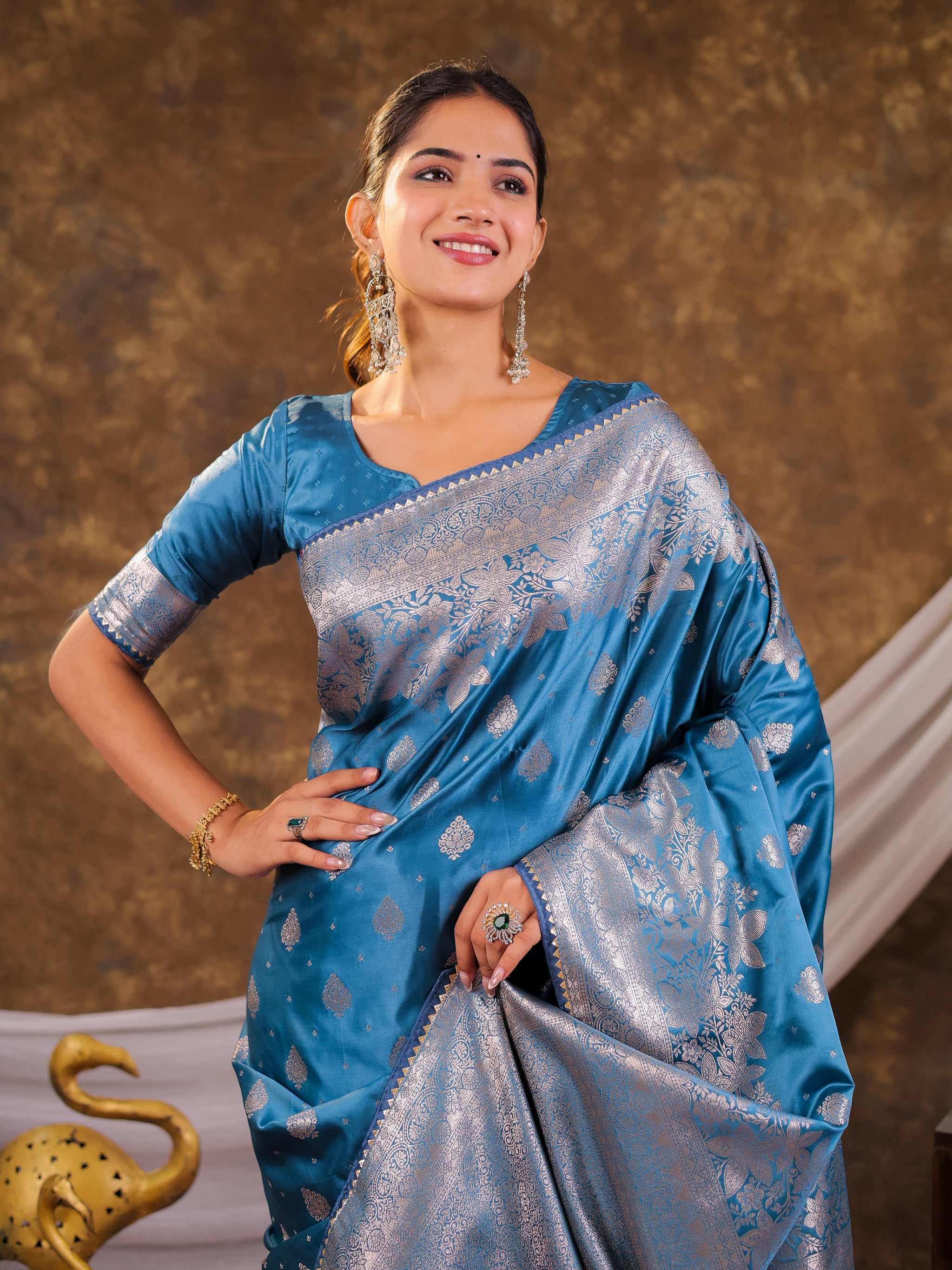Sky Blue Kanjivaram Banarasi Satin Silk Saree with Silver Zari Weaving, Floral Woven Border, Rich Designer Pallu & Tassels