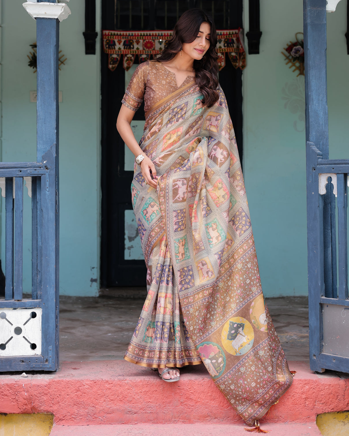 Coffee brown handloom cotton saree with classical art sacred cow pallu