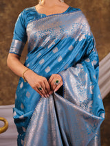Sky Blue Kanjivaram Banarasi Satin Silk Saree with Silver Zari Weaving, Floral Woven Border, Rich Designer Pallu & Tassels