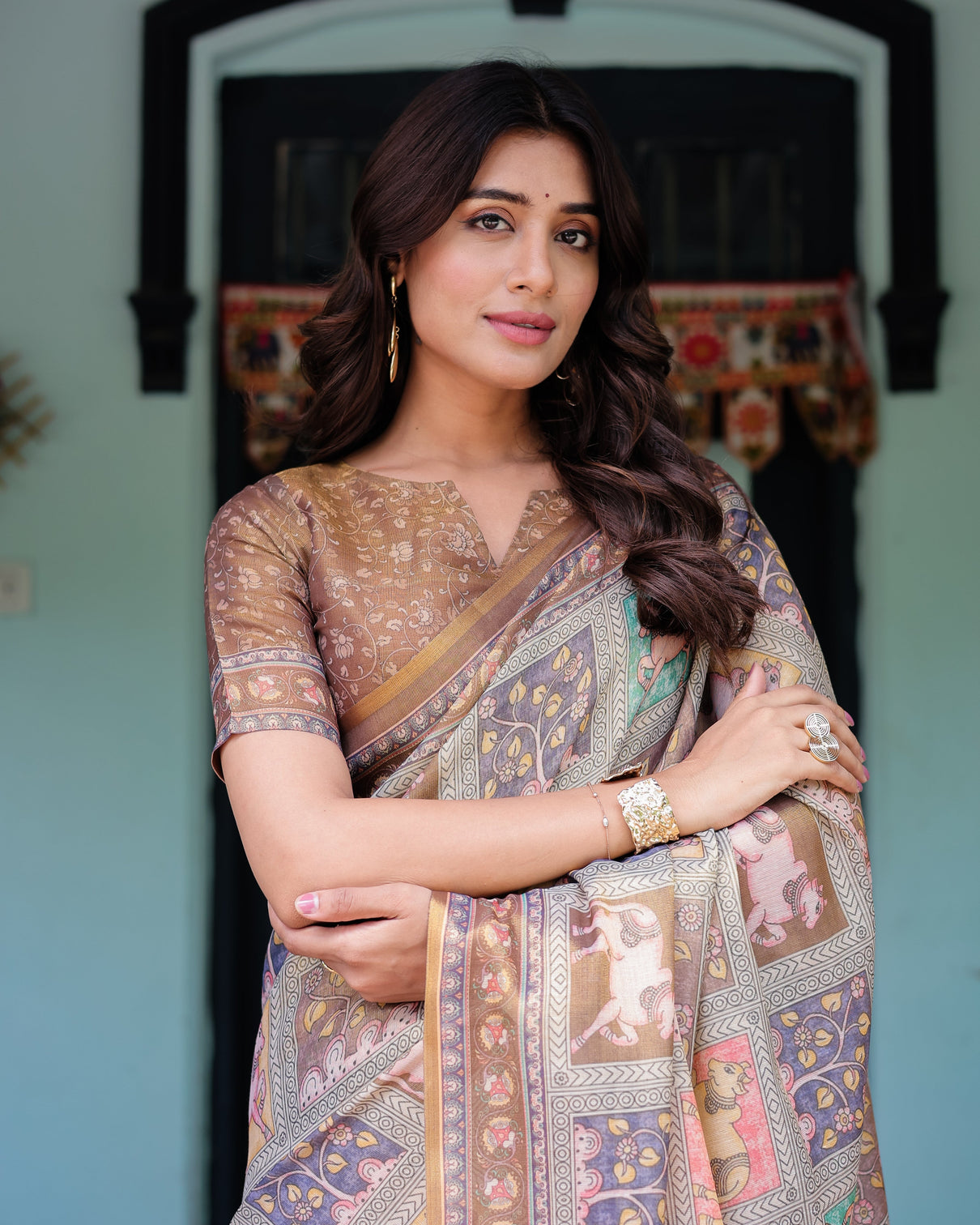 Coffee brown handloom cotton saree with classical art sacred cow pallu