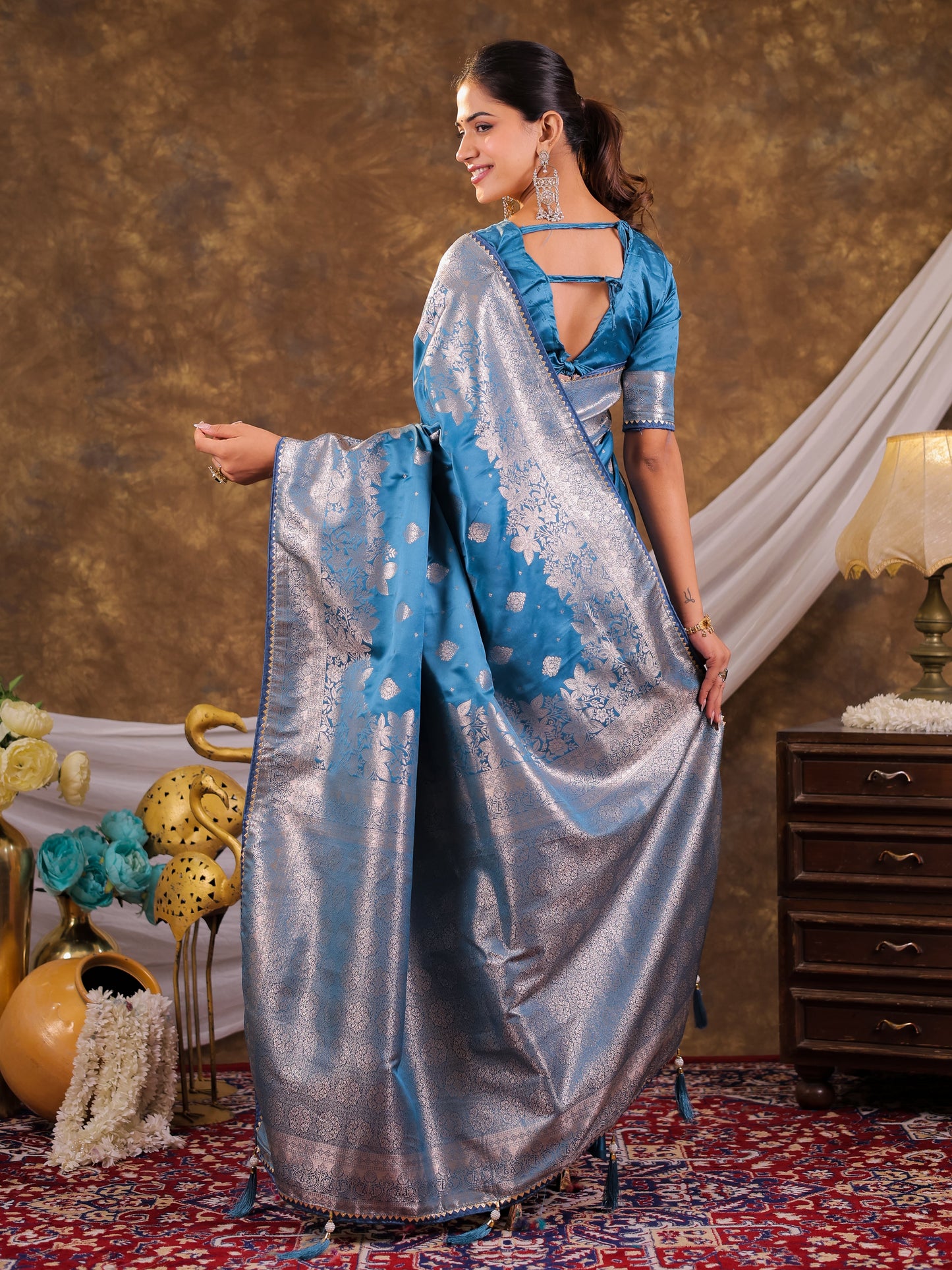 Sky Blue Kanjivaram Banarasi Satin Silk Saree with Silver Zari Weaving, Floral Woven Border, Rich Designer Pallu & Tassels