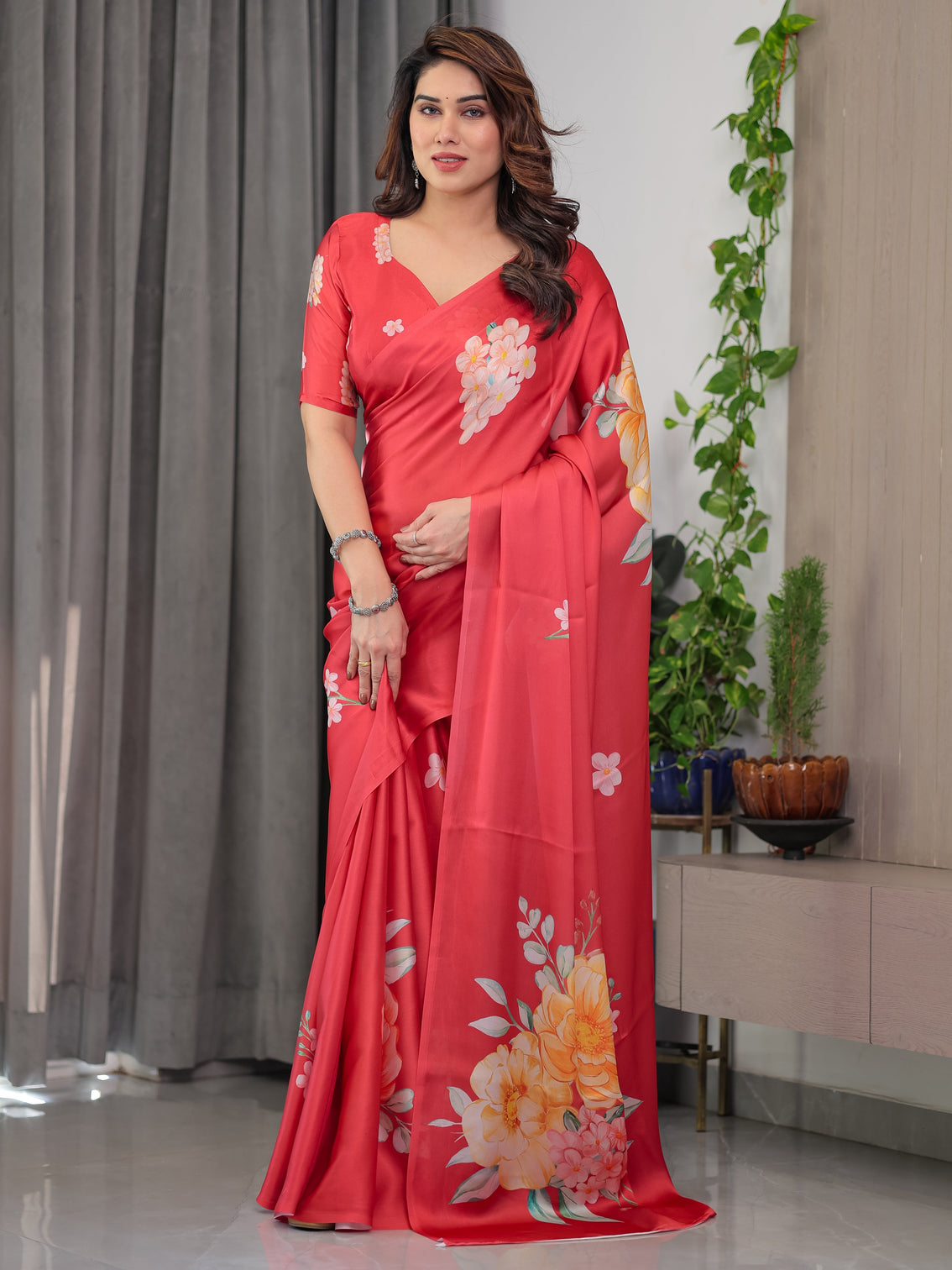 Coral red satin georgette floral printed saree with attached blouse elegant designer saree for festive party wear