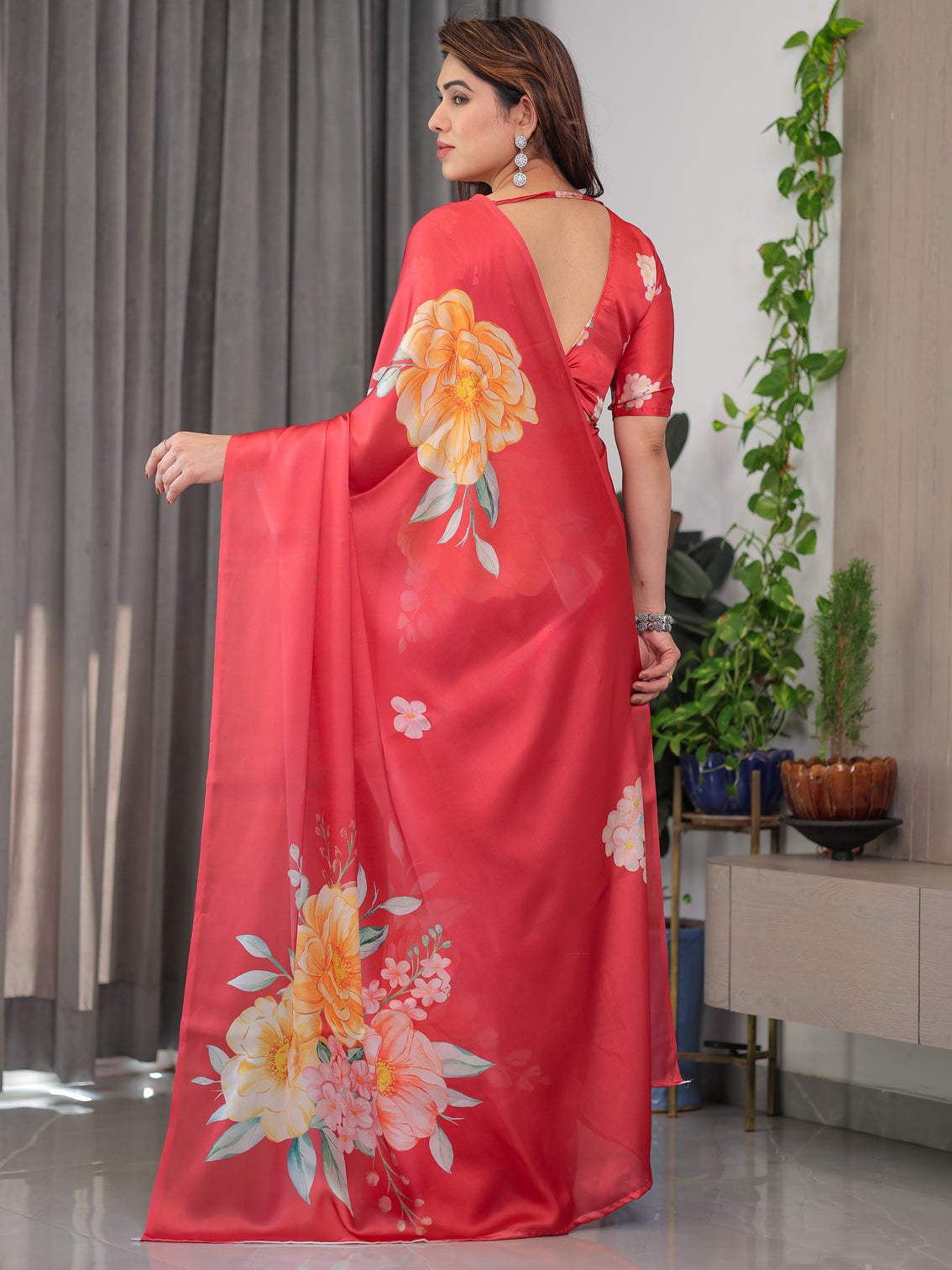 Coral red satin georgette floral printed saree with attached blouse elegant designer saree for festive party wear