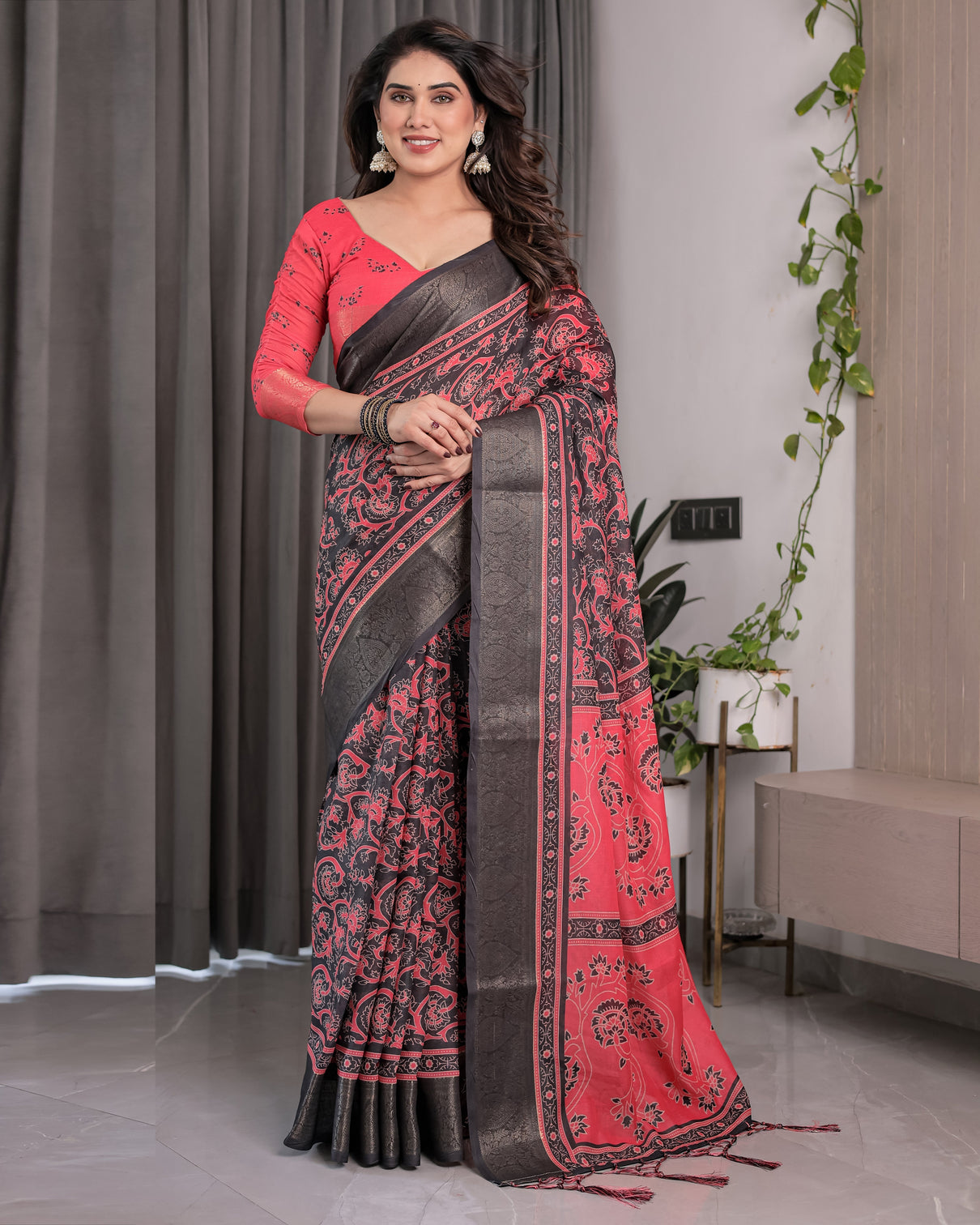 Heritage crimson red black handloom linen saree with zari border