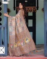 Coffee Brown Handloom Cotton Saree with Classical Art & Sacred Cow Pallu