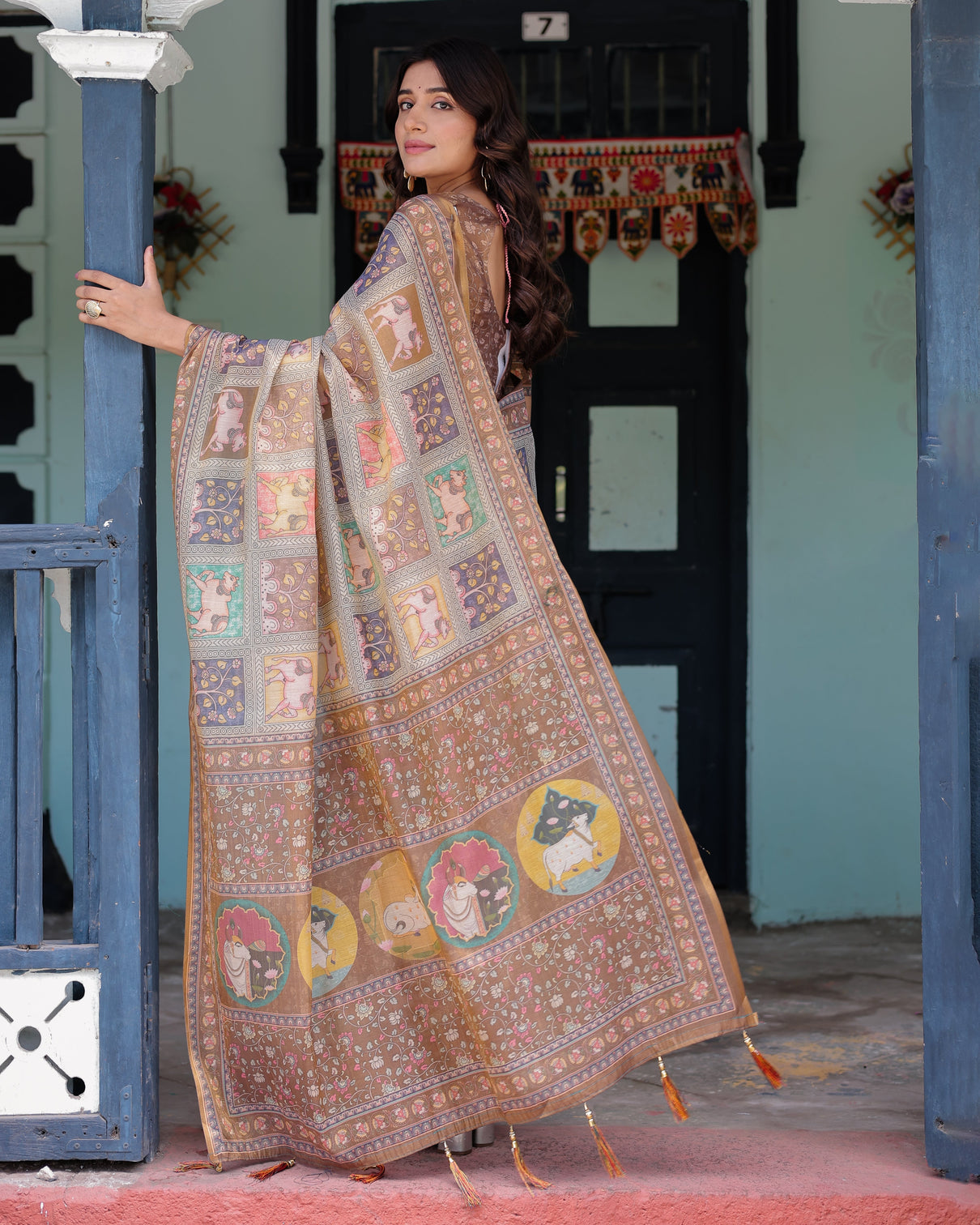 Coffee brown handloom cotton saree with classical art sacred cow pallu