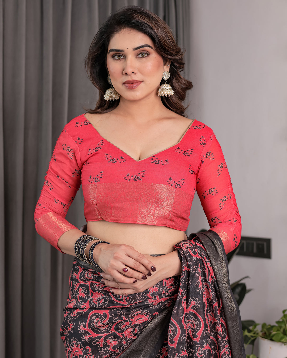 Heritage crimson red black handloom linen saree with zari border
