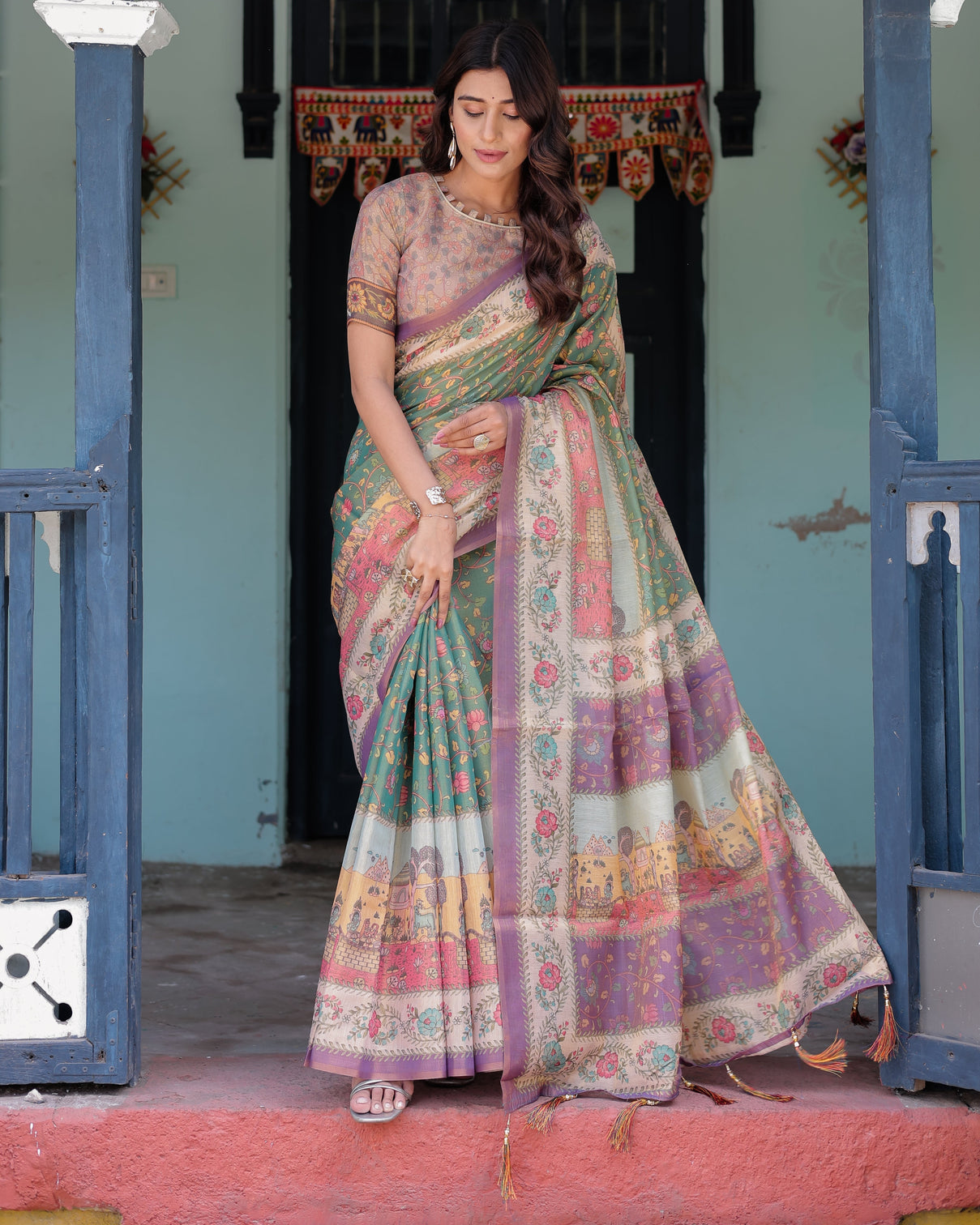 Green lavender handloom cotton saree with floral vines heritage village pallu