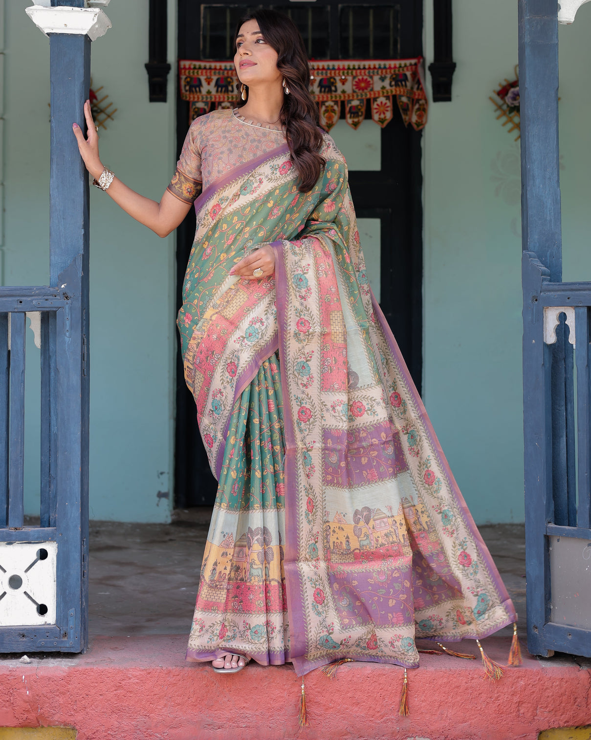 Green lavender handloom cotton saree with floral vines heritage village pallu