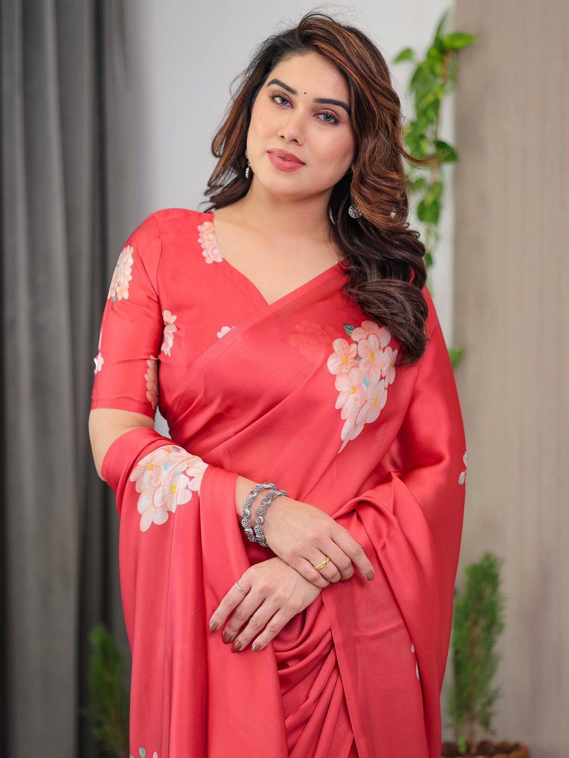 Coral red satin georgette floral printed saree with attached blouse elegant designer saree for festive party wear