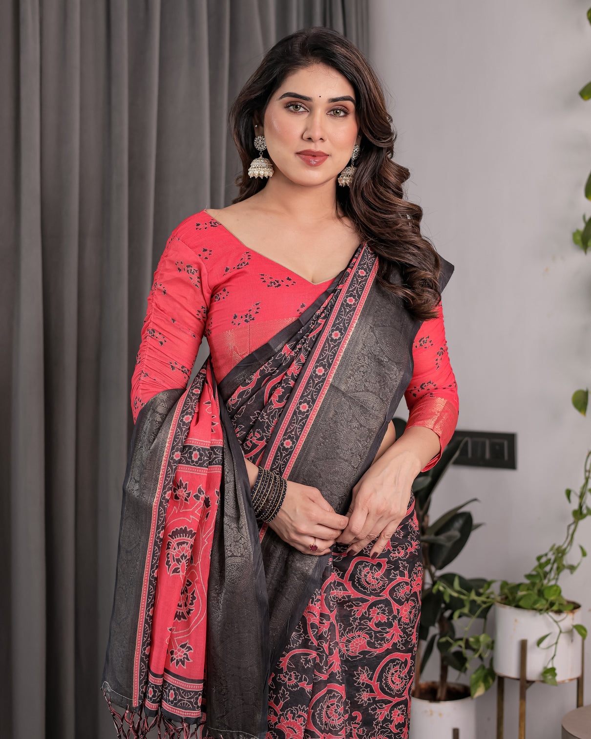 Heritage crimson red black handloom linen saree with zari border