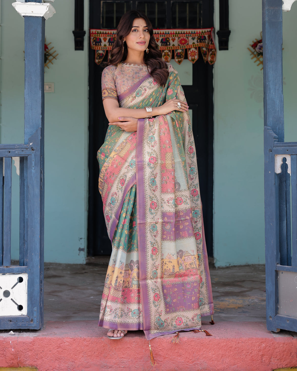 Green lavender handloom cotton saree with floral vines heritage village pallu mameraa