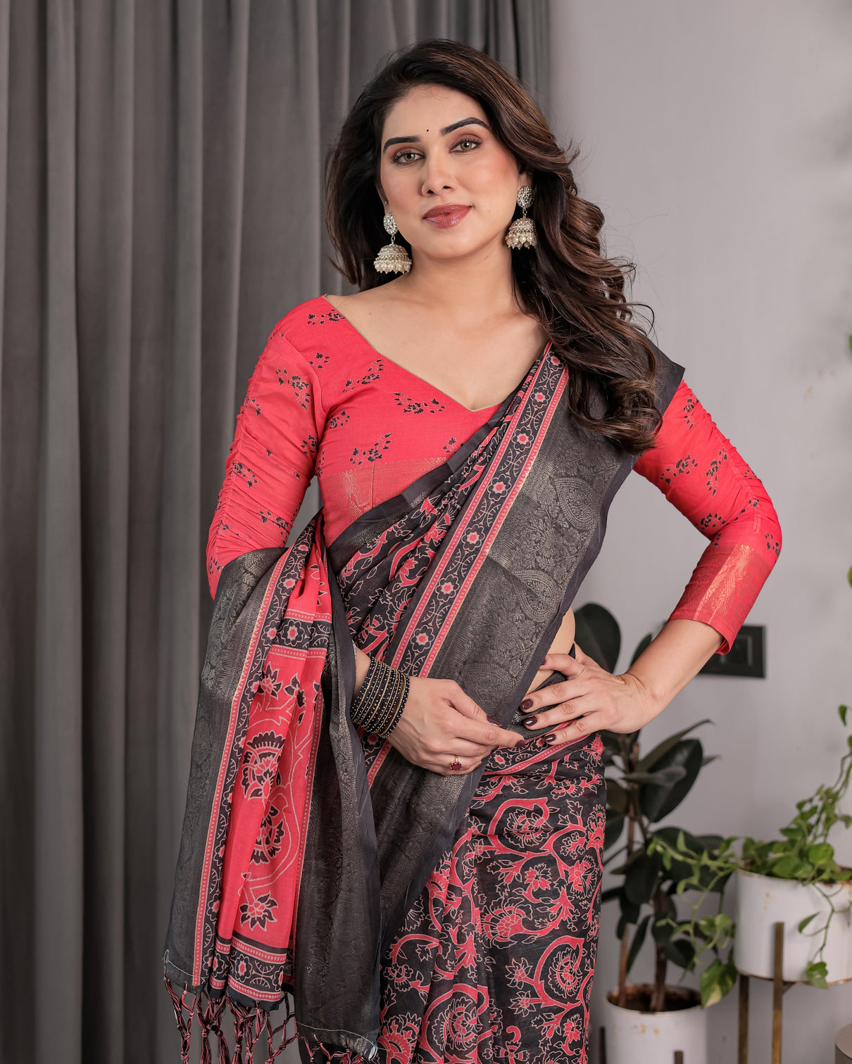 Heritage crimson red black handloom linen saree with zari border