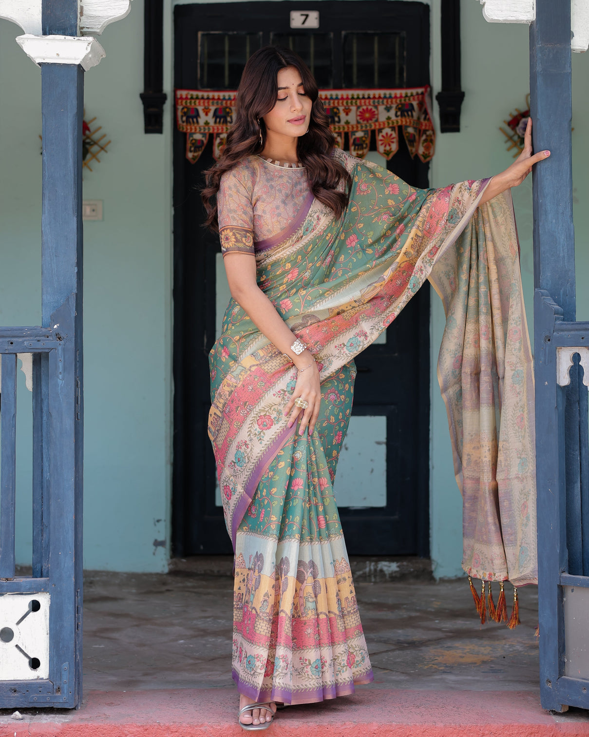Green lavender handloom cotton saree with floral vines heritage village pallu
