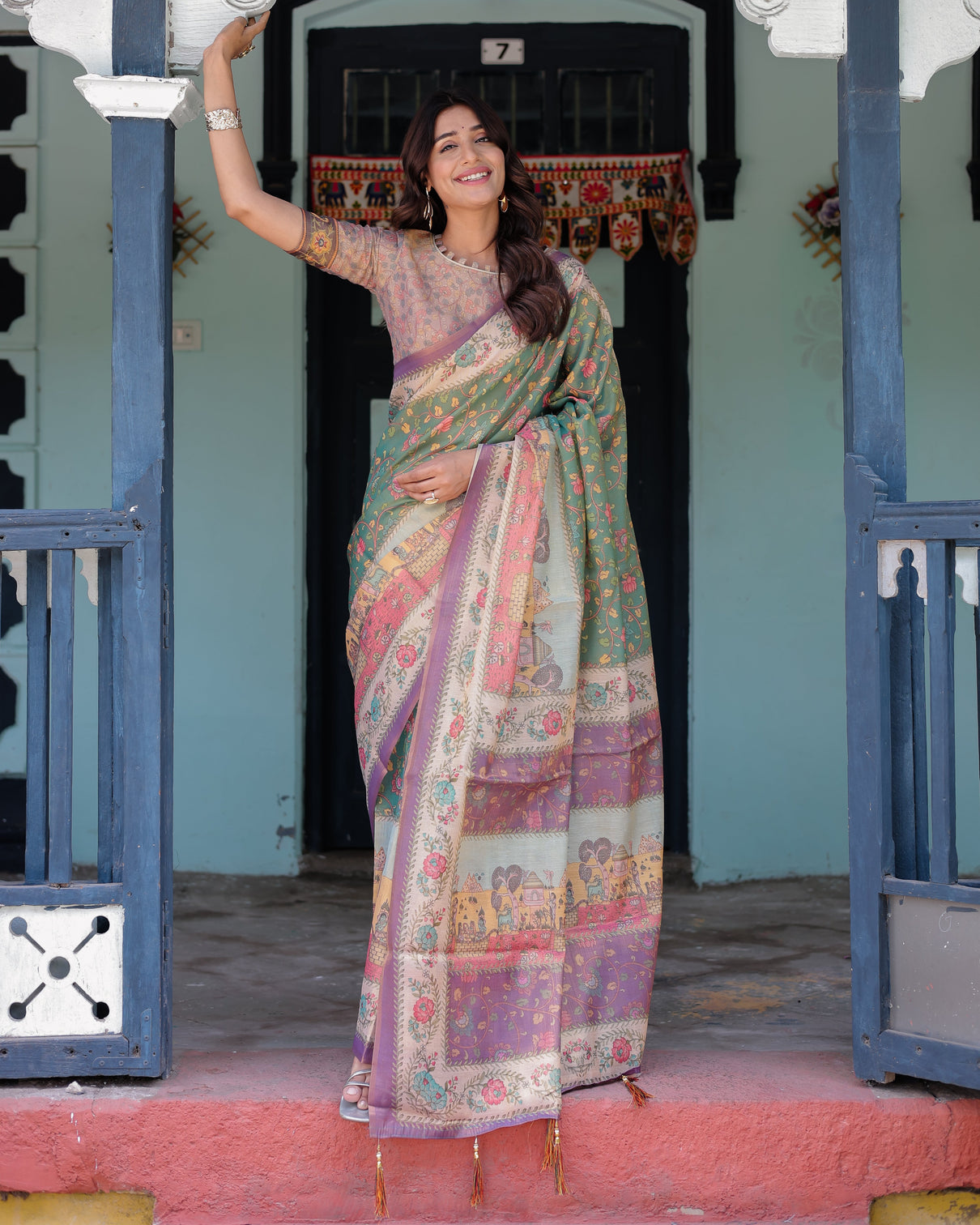 Green lavender handloom cotton saree with floral vines heritage village pallu