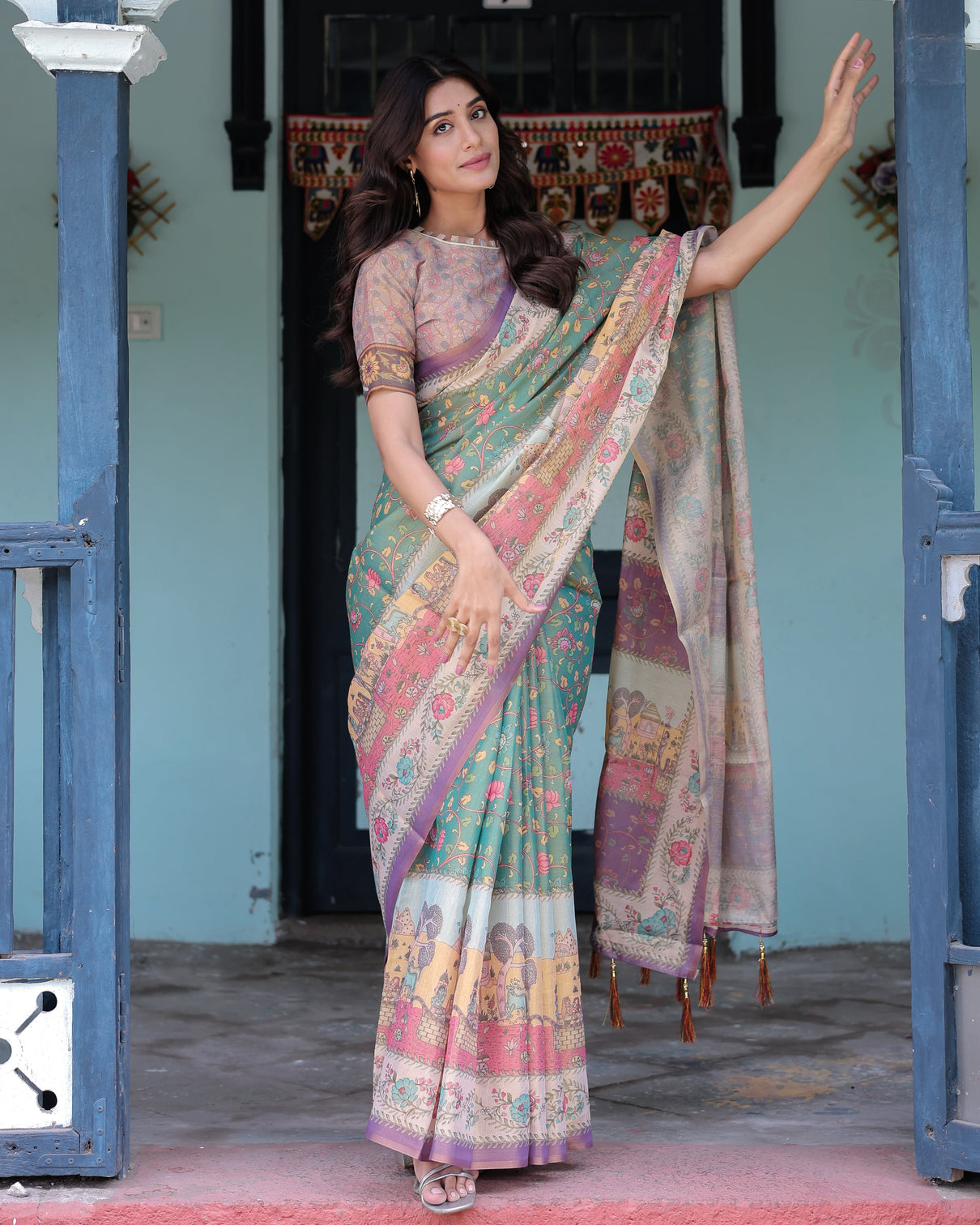 Green lavender handloom cotton saree with floral vines heritage village pallu