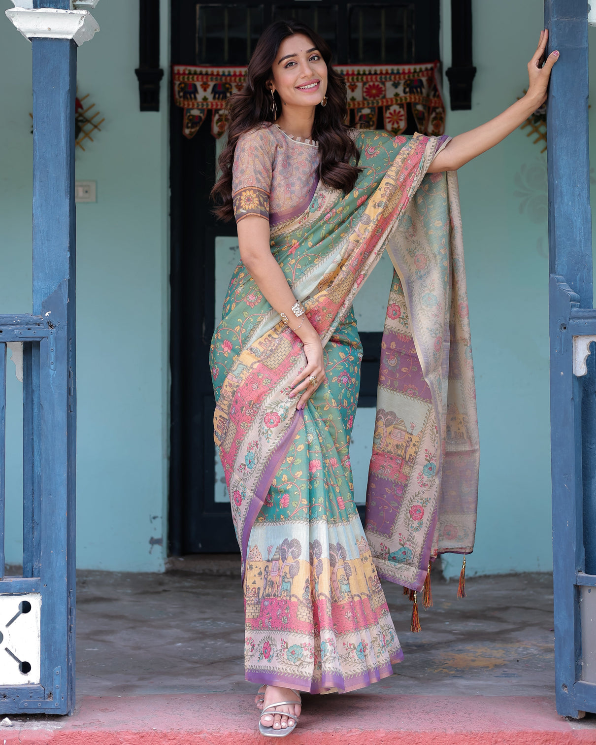 Green lavender handloom cotton saree with floral vines heritage village pallu