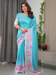 Aqua blue satin georgette pink floral printed saree with attached blouse soft pastel designer saree for elegant festive wear mameraa