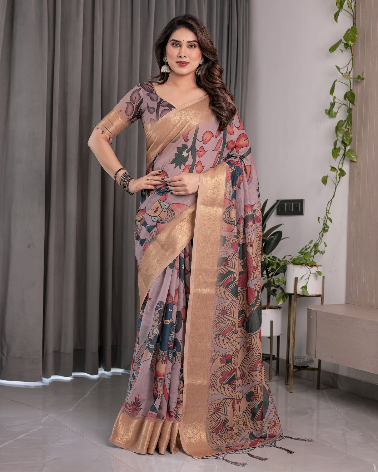 Dusty mauve saree with madhubani fish motifs antique zari border cultural art digital print 5 5m saree 0 8m blouse piece