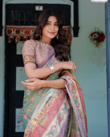 Green Lavender Handloom Cotton Saree with Floral Vines & Heritage Village Pallu