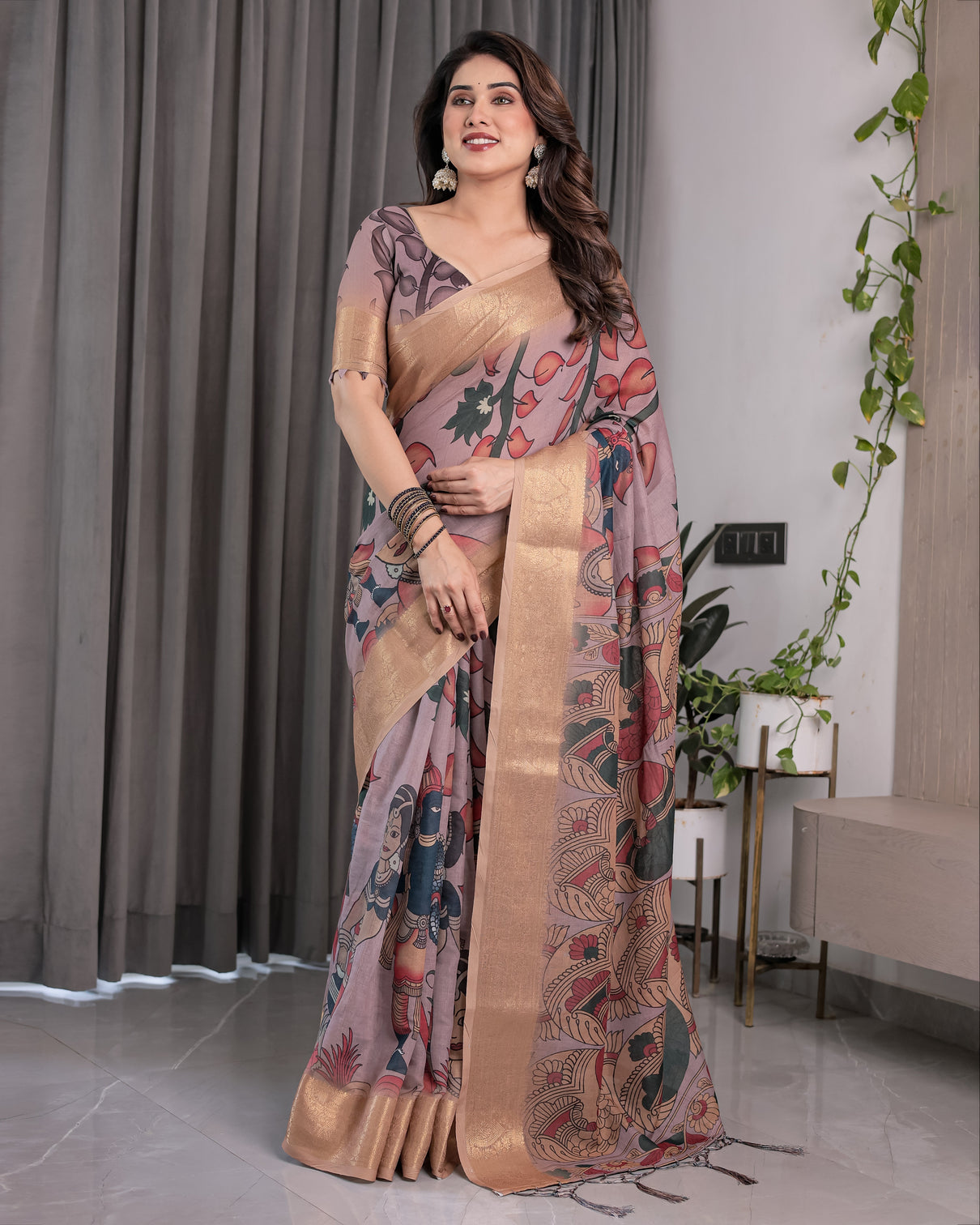 Dusty mauve saree with madhubani fish motifs antique zari border cultural art digital print 5 5m saree 0 8m blouse piece