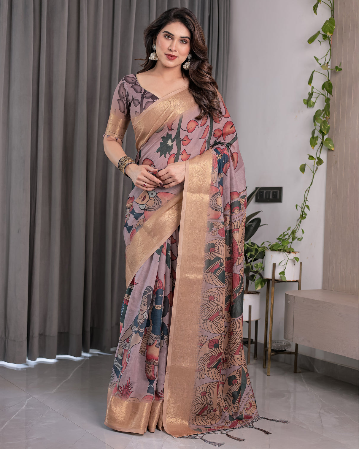 Dusty mauve saree with madhubani fish motifs antique zari border cultural art digital print 5 5m saree 0 8m blouse piece