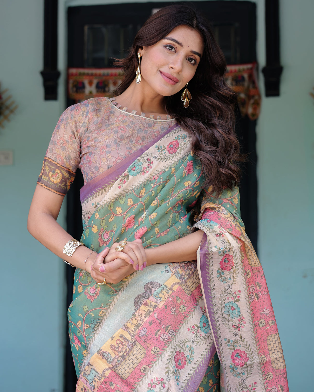 Green lavender handloom cotton saree with floral vines heritage village pallu