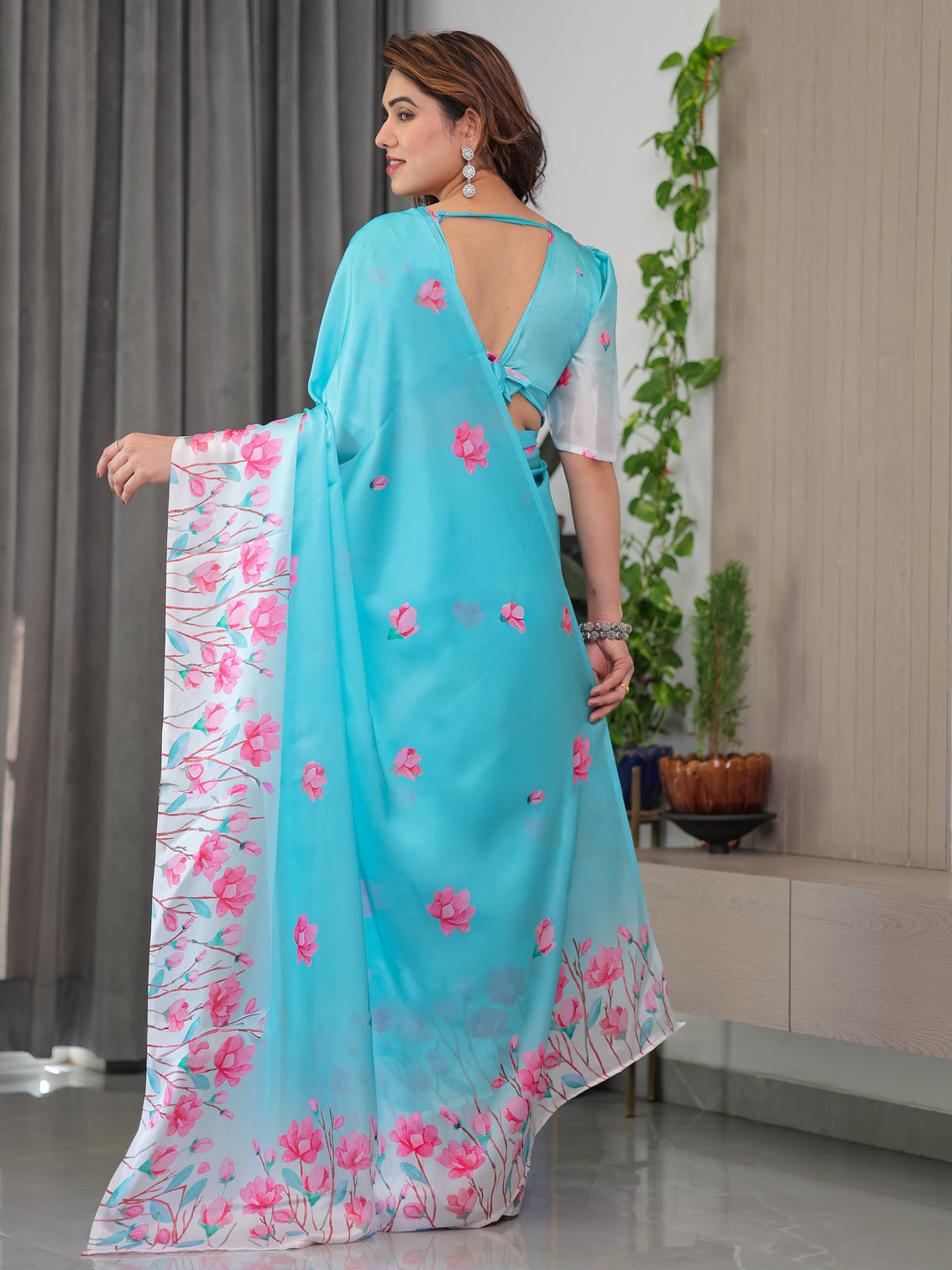 Aqua blue satin georgette pink floral printed saree with attached blouse soft pastel designer saree for elegant festive wear