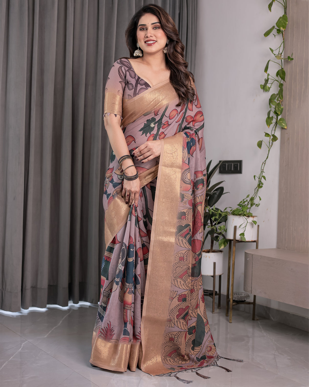 Dusty mauve saree with madhubani fish motifs antique zari border cultural art digital print 5 5m saree 0 8m blouse piece
