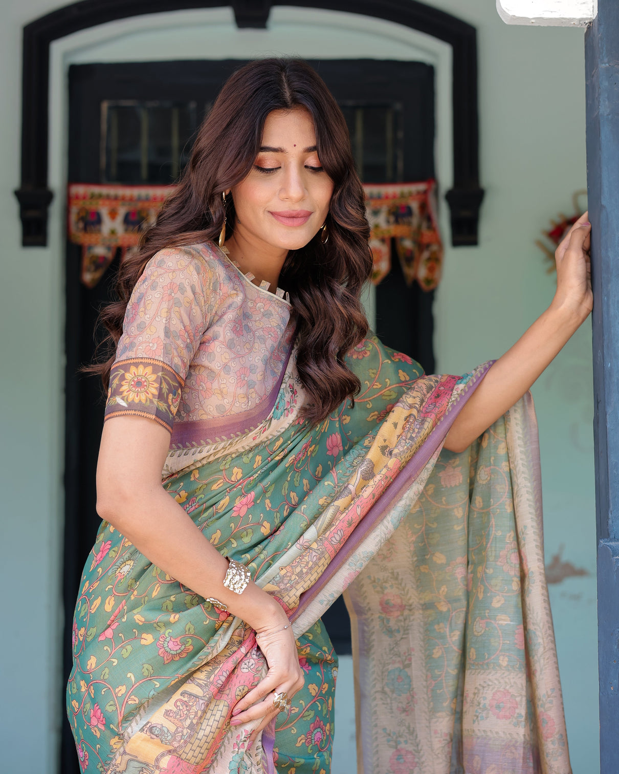 Green lavender handloom cotton saree with floral vines heritage village pallu