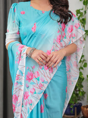 Aqua blue satin georgette pink floral printed saree with attached blouse soft pastel designer saree for elegant festive wear
