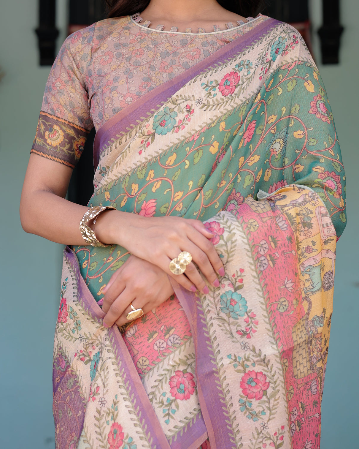 Green lavender handloom cotton saree with floral vines heritage village pallu