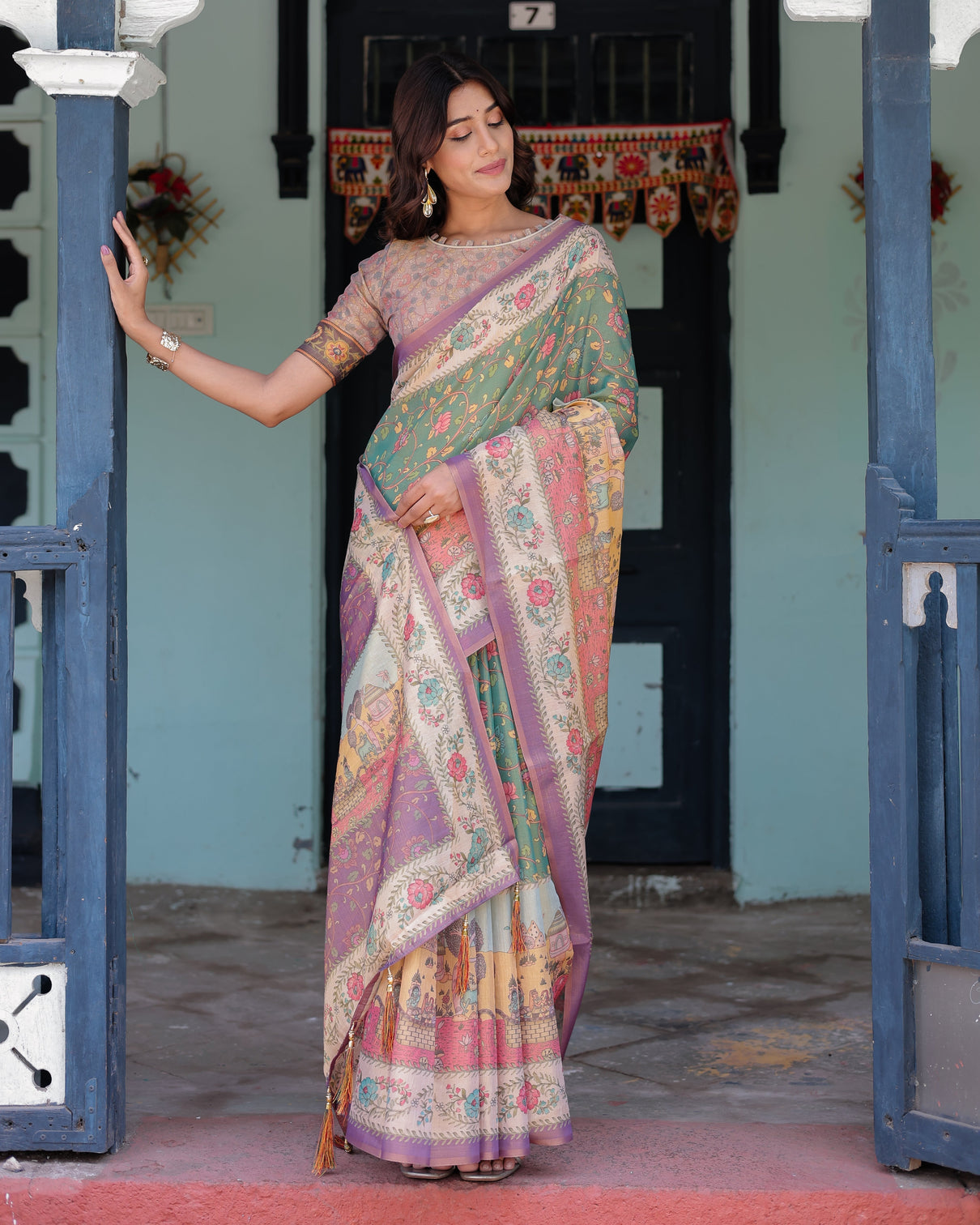Green lavender handloom cotton saree with floral vines heritage village pallu