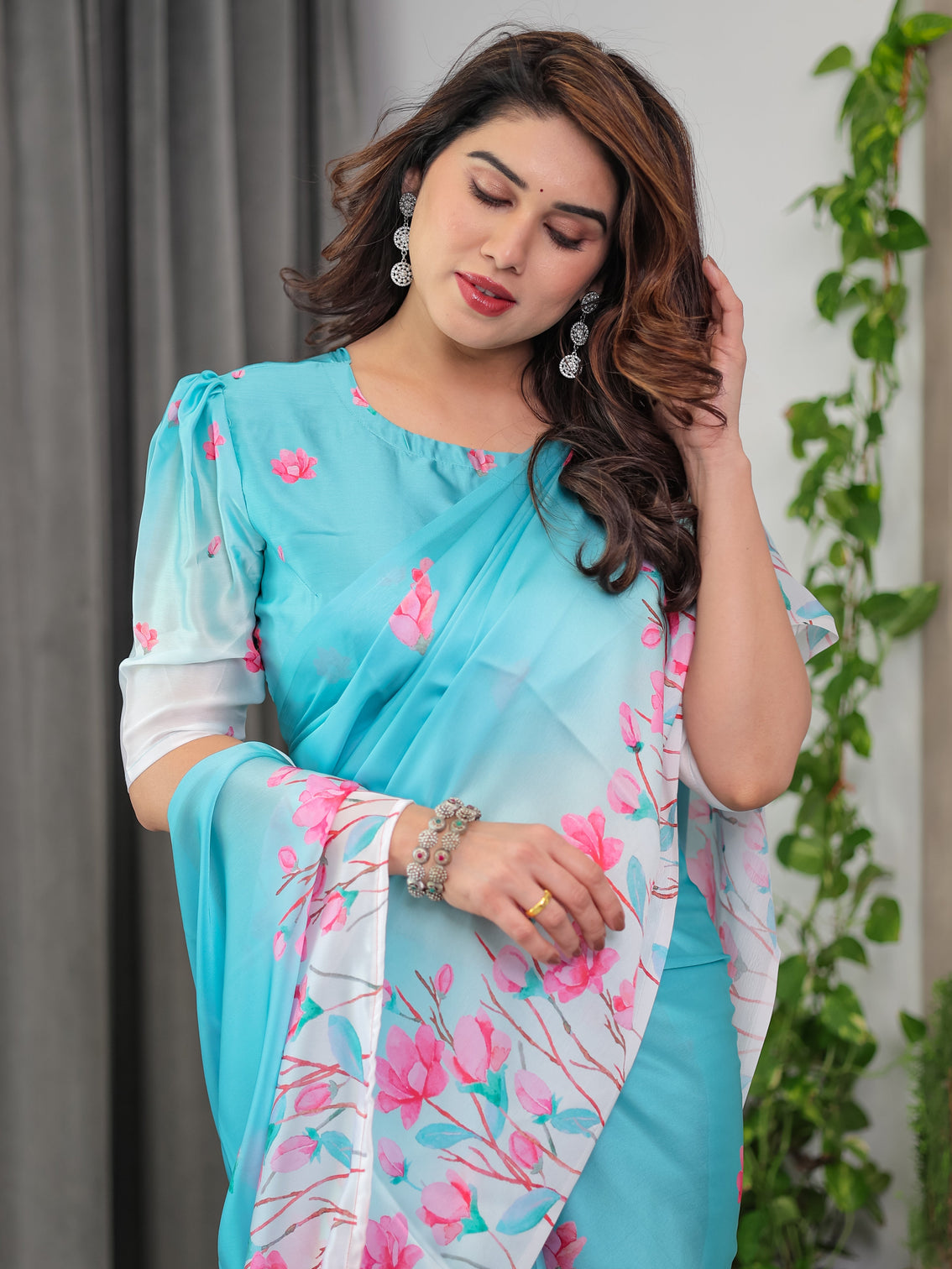 Aqua blue satin georgette pink floral printed saree with attached blouse soft pastel designer saree for elegant festive wear