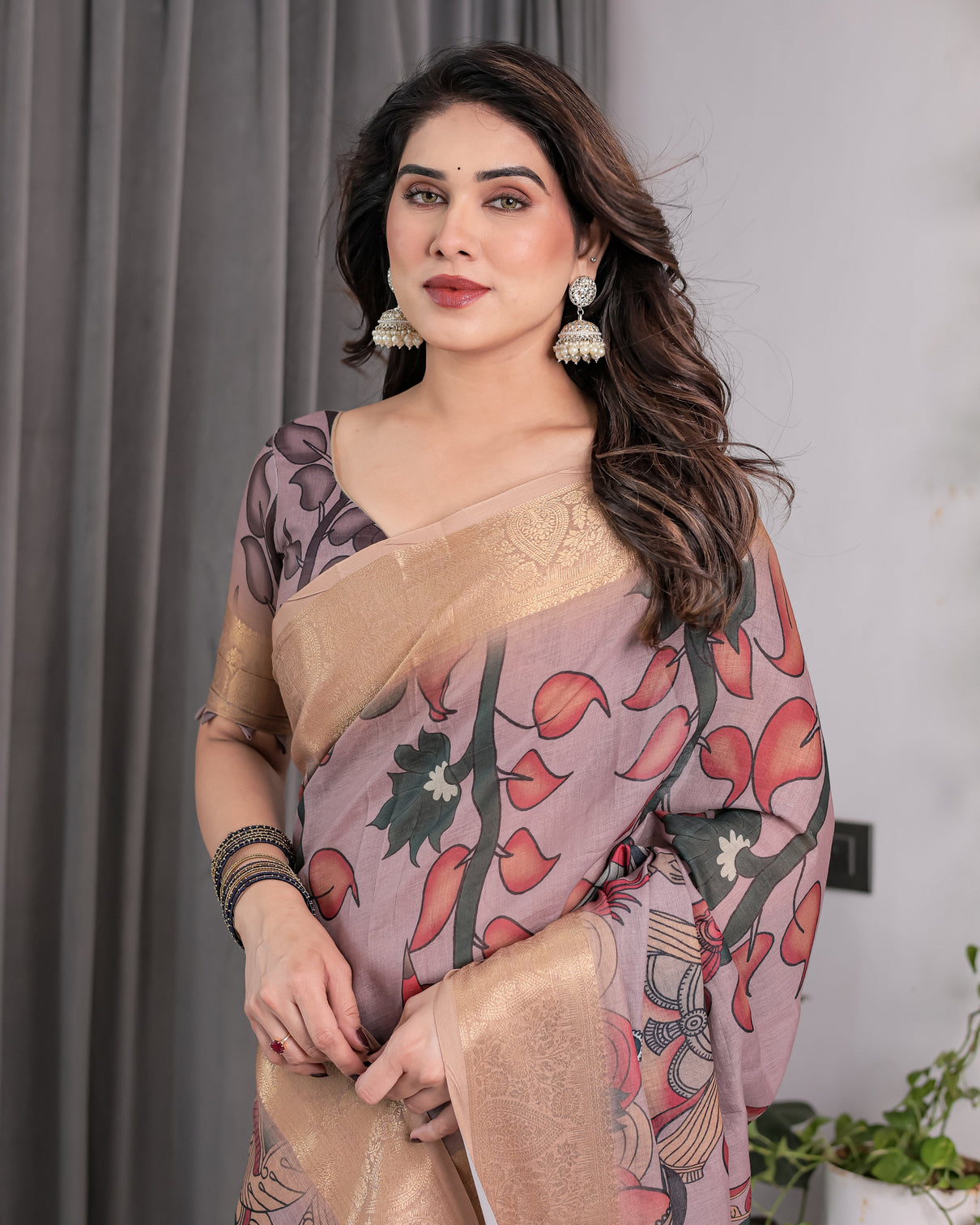 Dusty mauve saree with madhubani fish motifs antique zari border cultural art digital print 5 5m saree 0 8m blouse piece