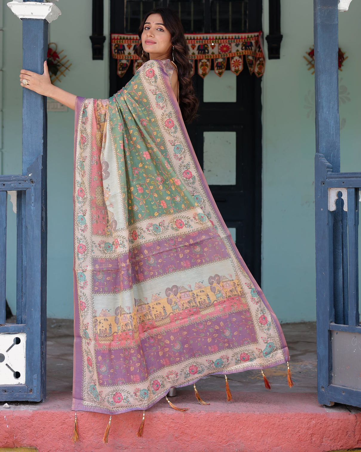 Green lavender handloom cotton saree with floral vines heritage village pallu
