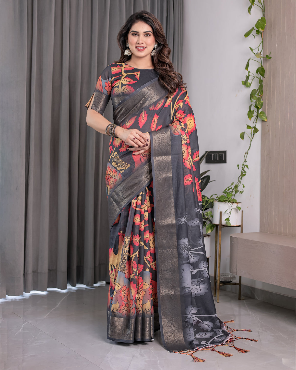 Black organza feel saree with red grey floral digital prints and zari border festive lightweight drape 5 5m saree 0 8m blouse piece