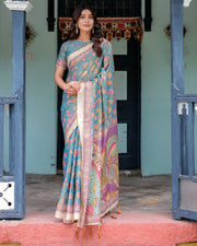 Aqua blue handloom cotton saree with multicolor floral print royal simha pakshi pallu mameraa